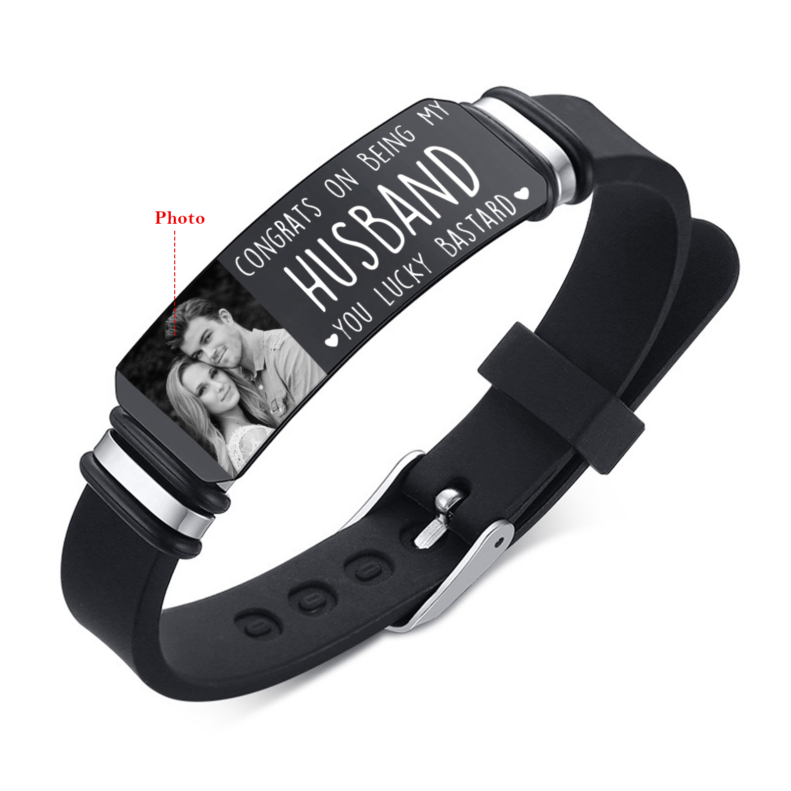 Personalised Men's Bracelet - Custom Photo and Engraved Text, "Congrats on Being My Husband" Design, Sleek Black Adjustable Band, Valentine’s Day Gift for Him | Jessemade
