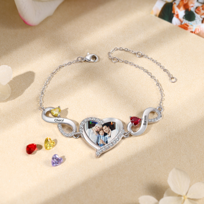 Personalised Heart Birthstone Bracelet with Custom Photo & Engraved 1 Name, Elegant Chain Design, Perfect Gift for Women | Jessemade