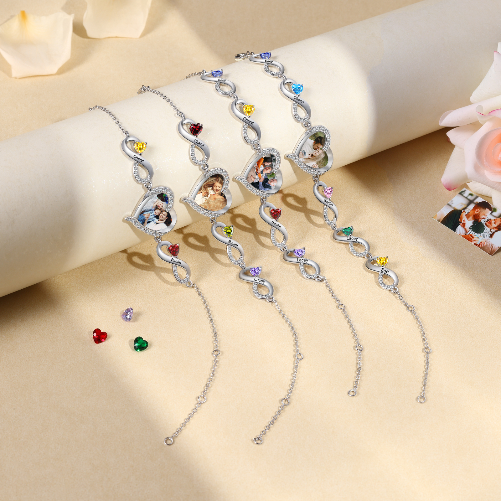 Personalised Heart Birthstone Bracelet with Custom Photo & Engraved 1 Name, Elegant Chain Design, Perfect Gift for Women | Jessemade