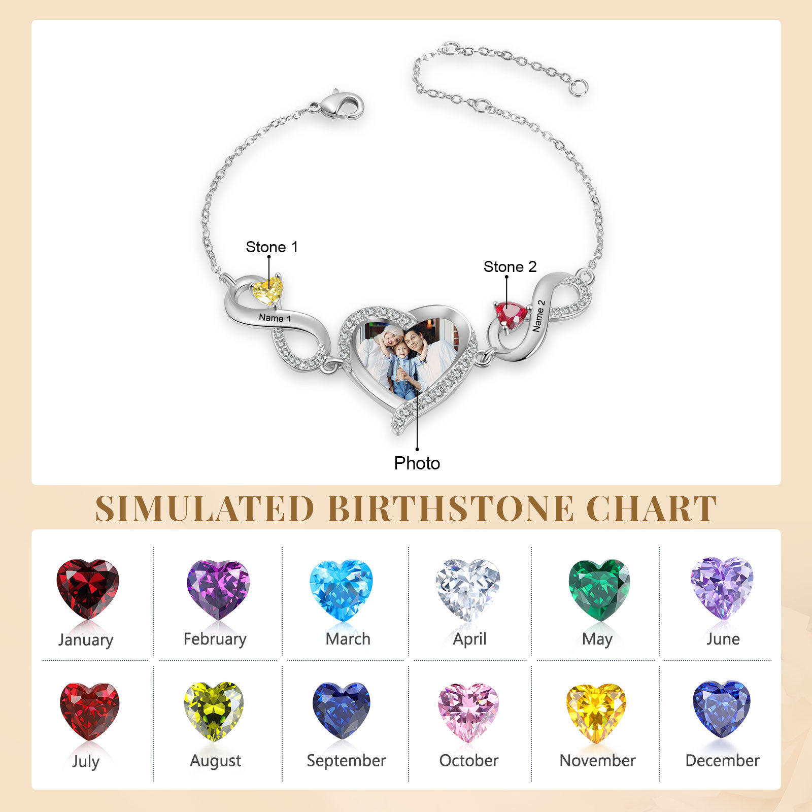 Personalised Heart Birthstone Bracelet with Custom Photo & Engraved 1 Name, Elegant Chain Design, Perfect Gift for Women | Jessemade