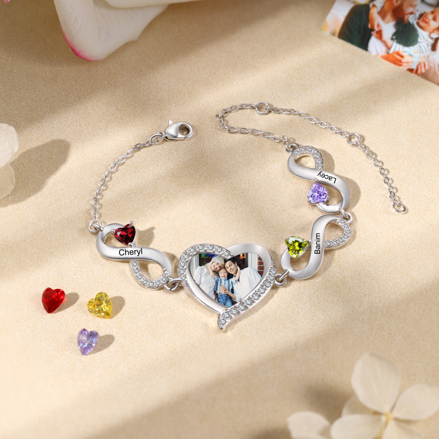 Personalised 2-5 Names Heart Birthstone Photo Bracelet