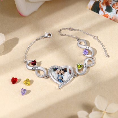 Personalised 2-5 Names Heart Birthstone Photo Bracelet