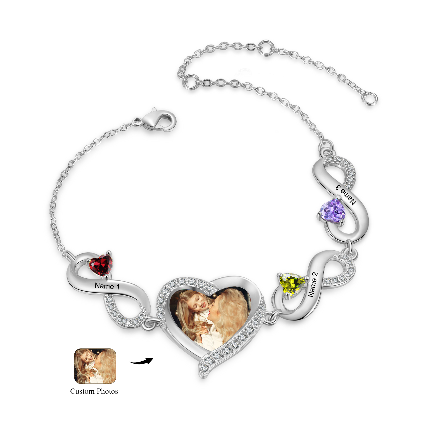 Personalised Heart Birthstone Bracelet with Custom Photo & Engraved 3 Names, Elegant Chain Design, Perfect Gift for Women | Jessemade