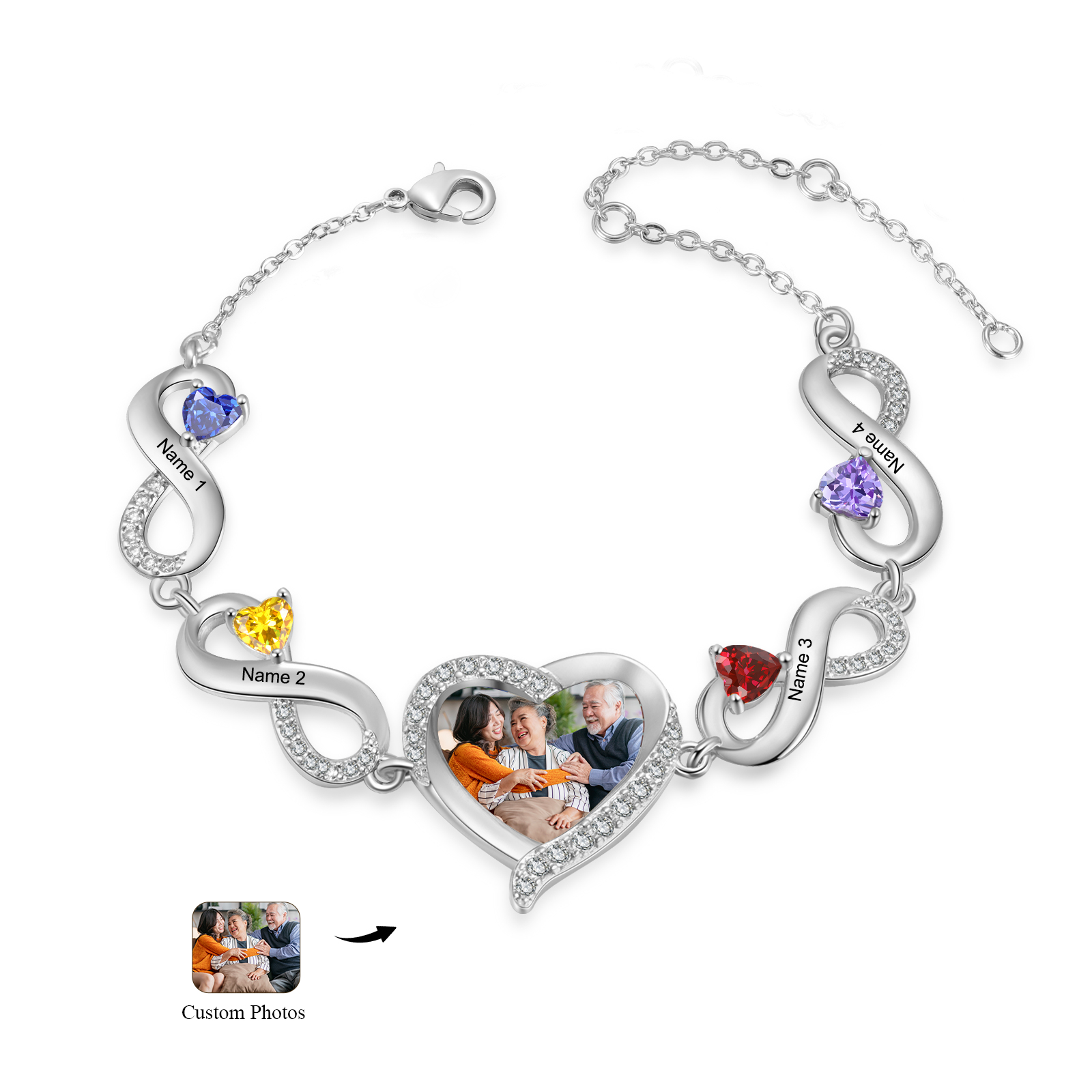 Personalised Heart Birthstone Bracelet with Custom Photo & Engraved 4 Names, Elegant Chain Design, Perfect Gift for Women | Jessemade