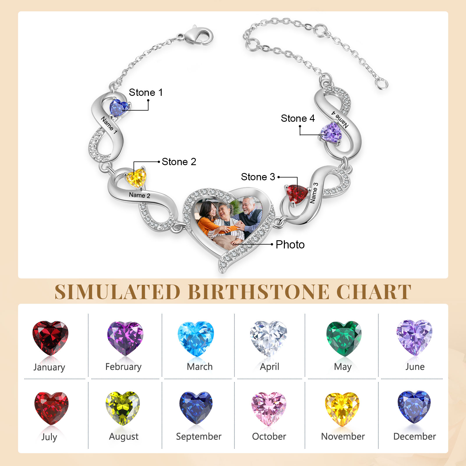 Personalised Heart Birthstone Bracelet with Custom Photo & Engraved 4 Names, Elegant Chain Design, Perfect Gift for Women | Jessemade