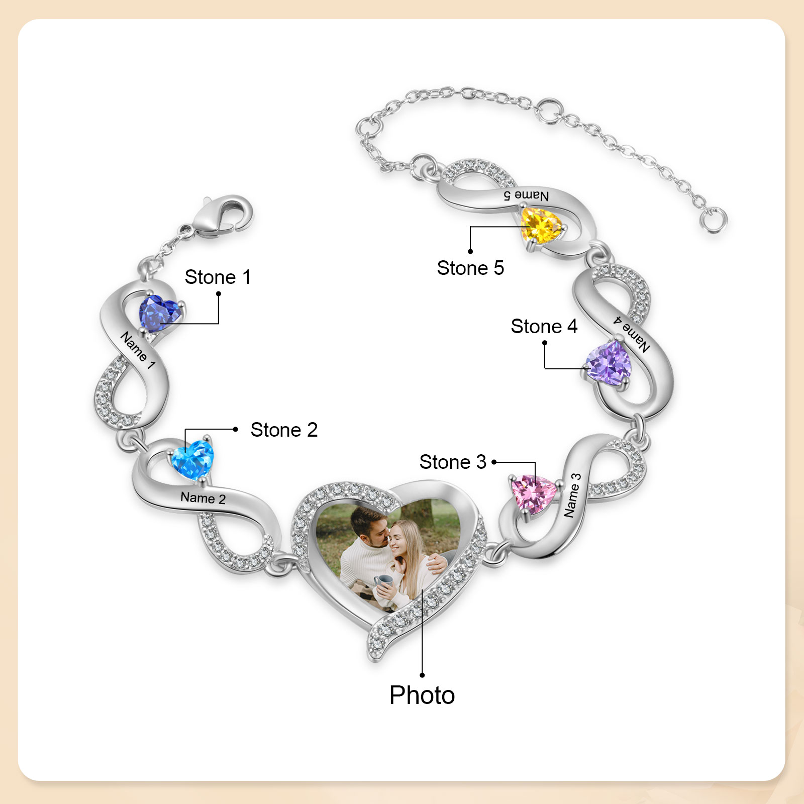 Personalised Heart Birthstone Bracelet with Custom Photo & Engraved 5 Names, Elegant Chain Design, Perfect Gift for Women | Jessemade