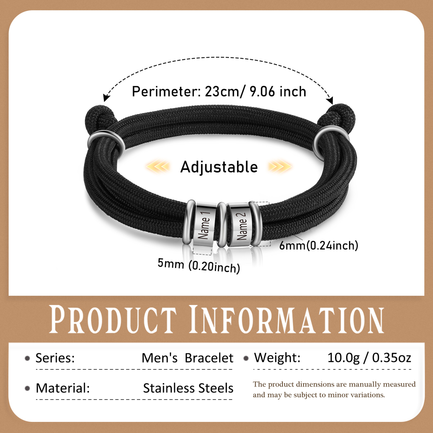 2 Names Personalised Men's Bracelet – Adjustable Rope with Custom Name Beads | Jessemade