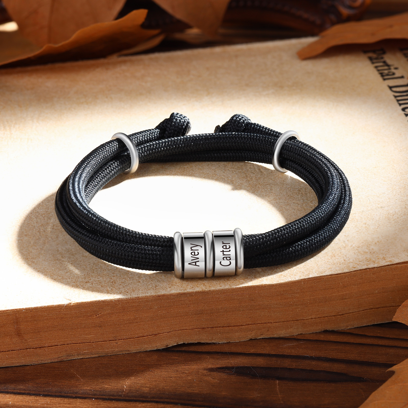 2 Names Personalised Men's Bracelet – Adjustable Rope with Custom Name Beads | Jessemade
