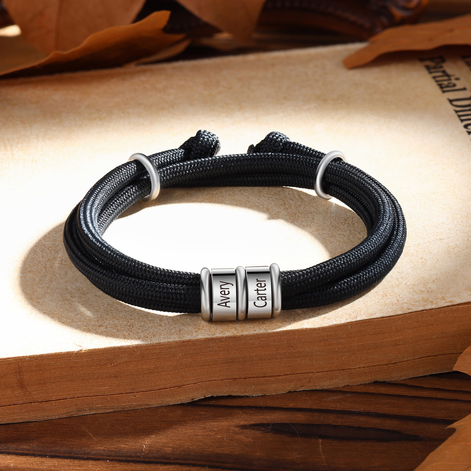 2 Names Personalised Men's Bracelet – Adjustable Rope with Custom Name Beads | Jessemade