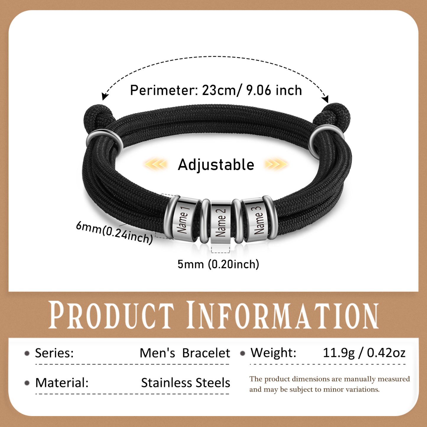 3 Names Personalised Men's Bracelet – Adjustable Rope with Custom Name Beads | Jessemade