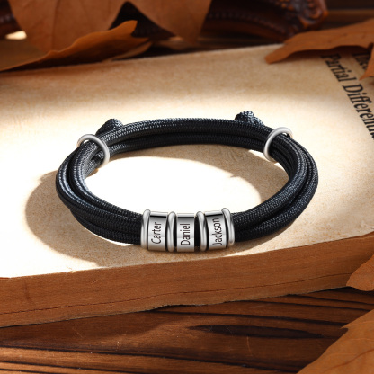3 Names Personalised Men's Bracelet – Adjustable Rope with Custom Name
