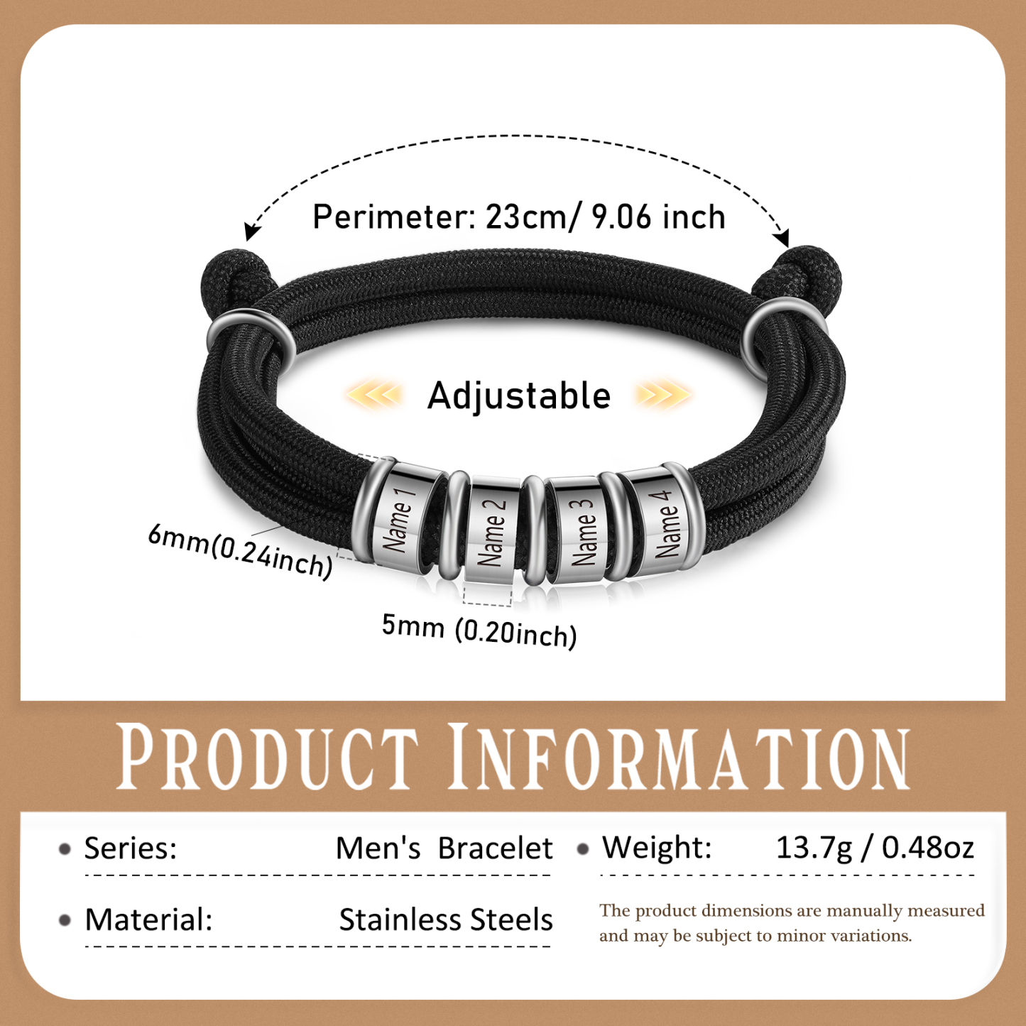 4 Names Personalised Men's Bracelet – Adjustable Rope with Custom Name Beads | Jessemade