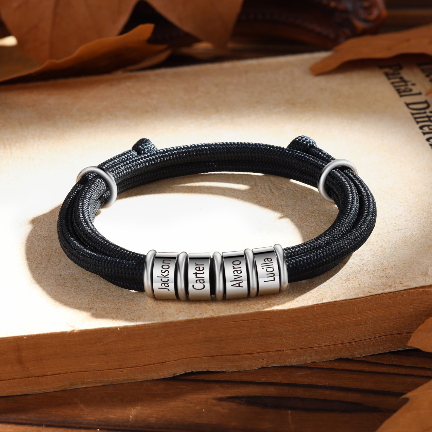 4 Names Personalised Men's Bracelet – Adjustable Rope with Custom Name Beads | Jessemade
