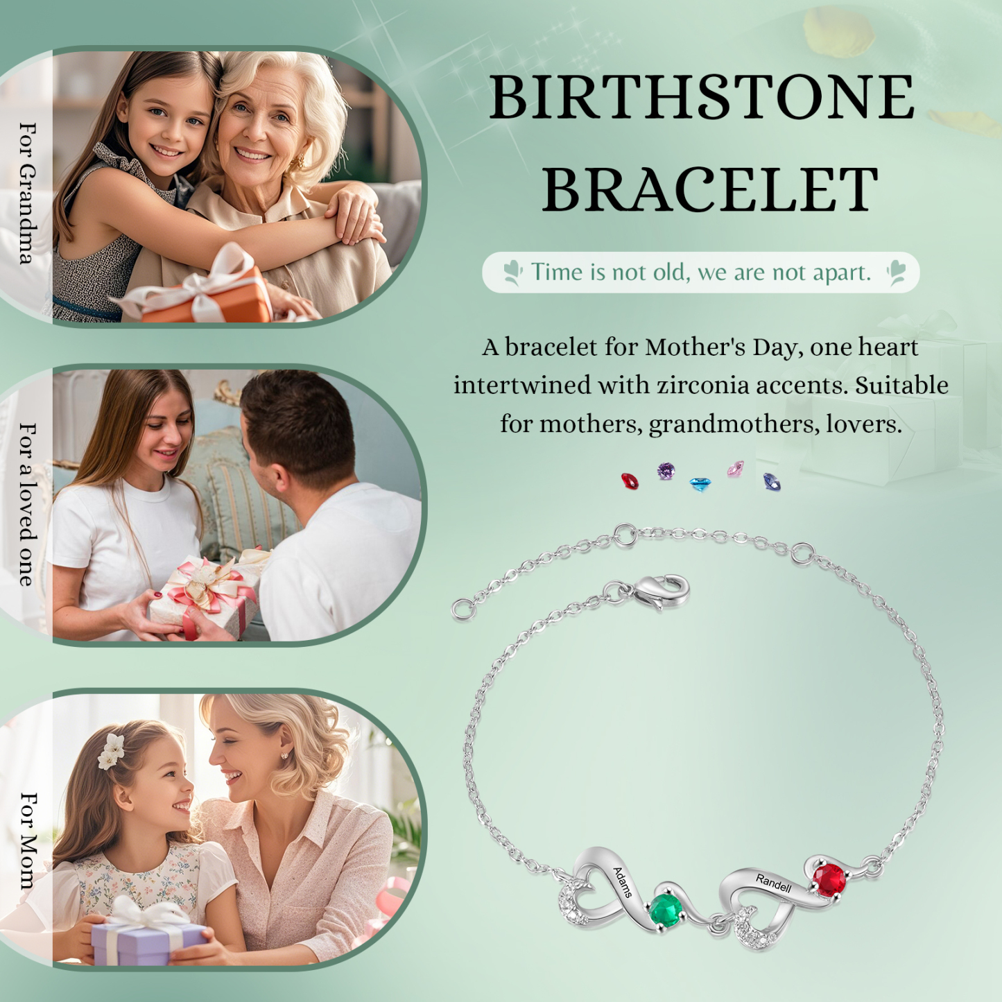 Personalised Bracelet With 2 Birthstones & Custom 2 Names , Time Is Not Old We Are Not Apart Bracelet Gift For Women | Jessemade