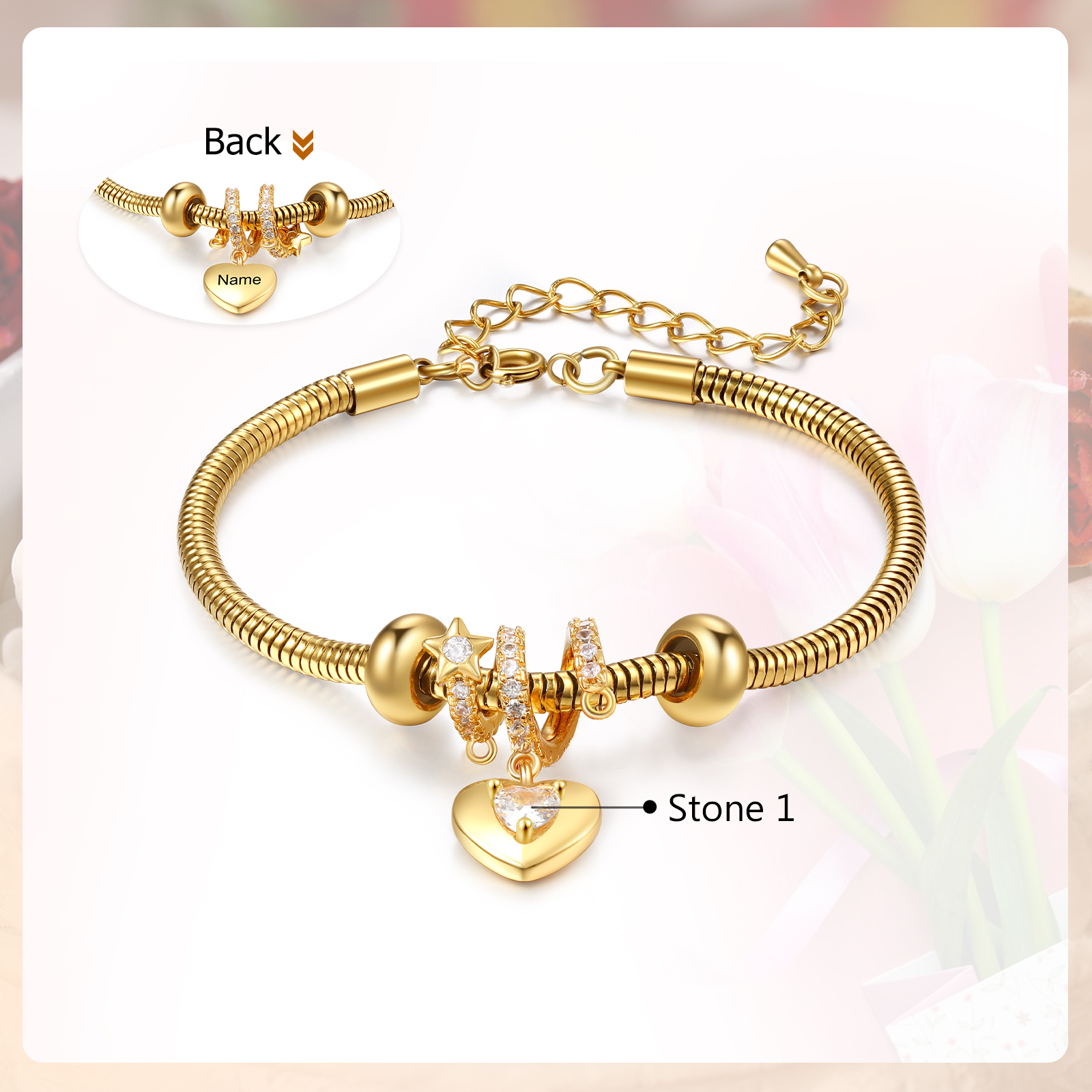 Personalised Gold-Plated Charm Bracelet – Custom Engraved Heart 1 Name & 1 Birthstone, Stainless Steel Jewellery Gift for Women | Jessemade