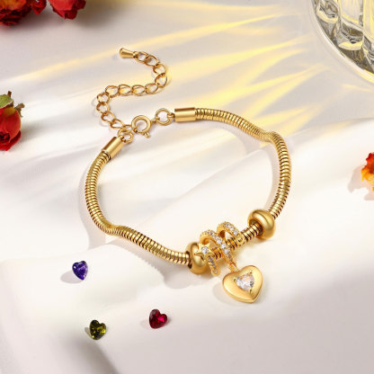 Personalised Gold-Plated Charm Bracelet – Custom Engraved Heart 1 Name & 1 Birthstone, Stainless Steel Jewellery Gift for Women | Jessemade