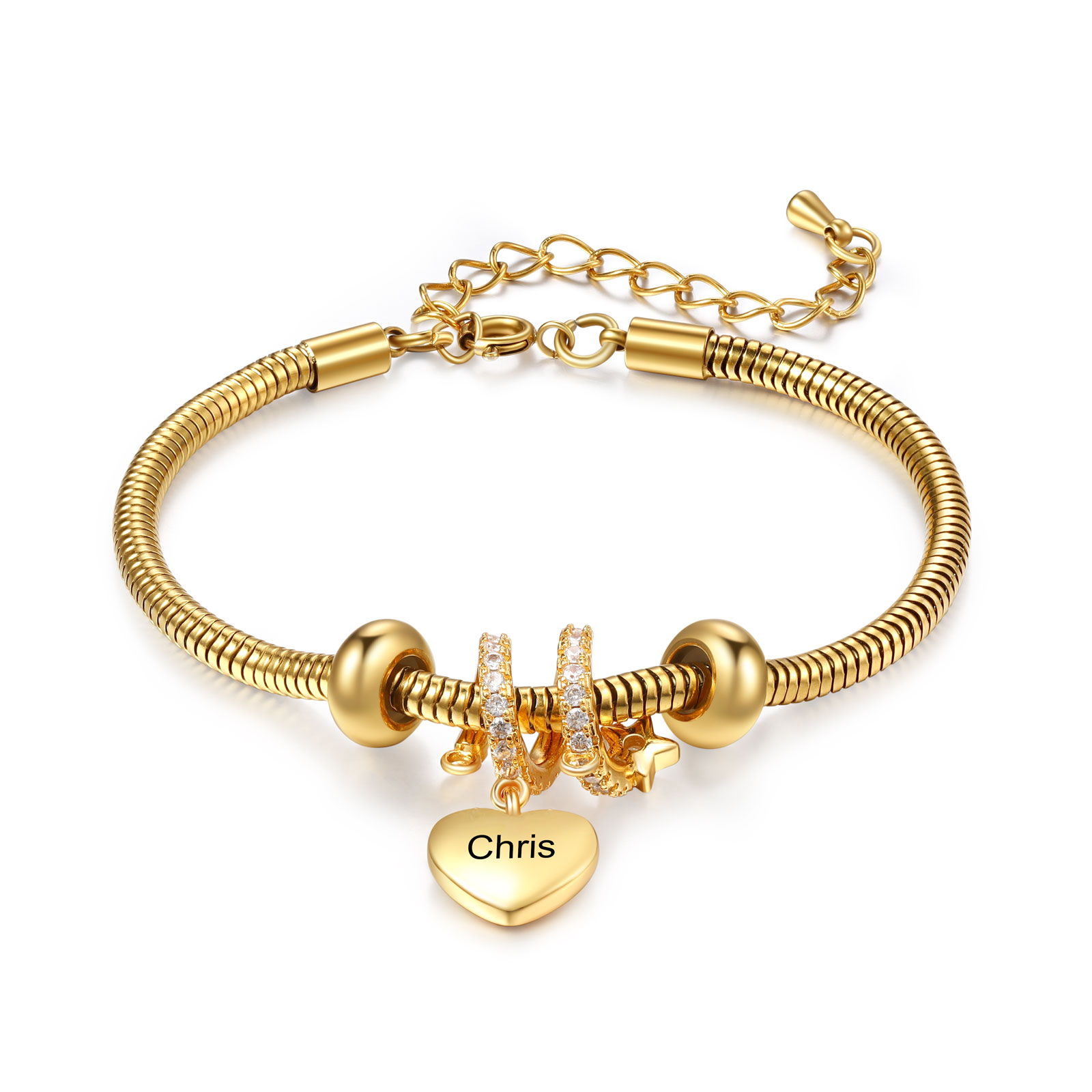 Personalised Gold-Plated Charm Bracelet – Custom Engraved Heart 1 Name & 1 Birthstone, Stainless Steel Jewellery Gift for Women | Jessemade