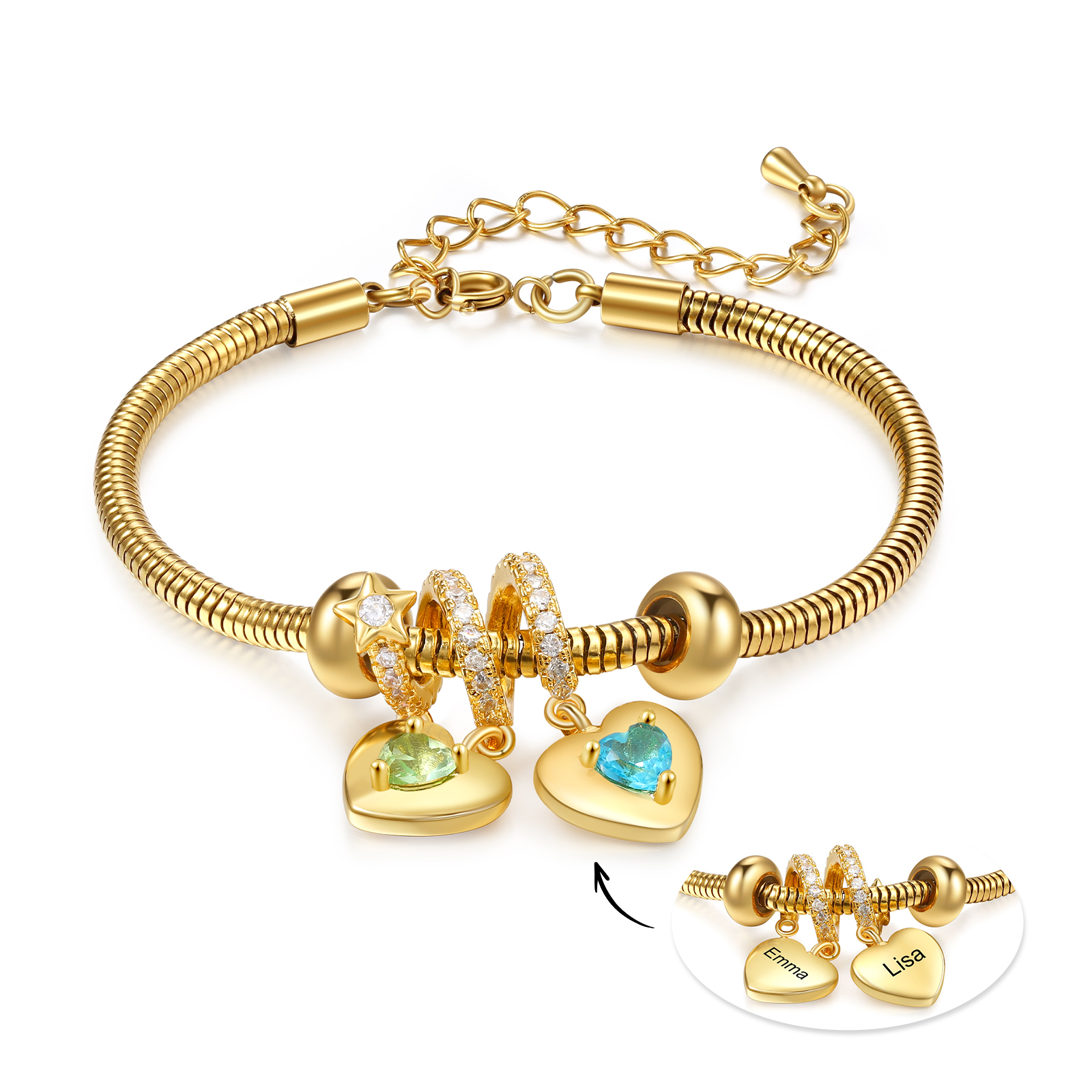 Personalised Gold-Plated Charm Bracelet – Custom Engraved Heart 2 Names & 2 Birthstones, Stainless Steel Jewellery Gift for Women | Jessemade