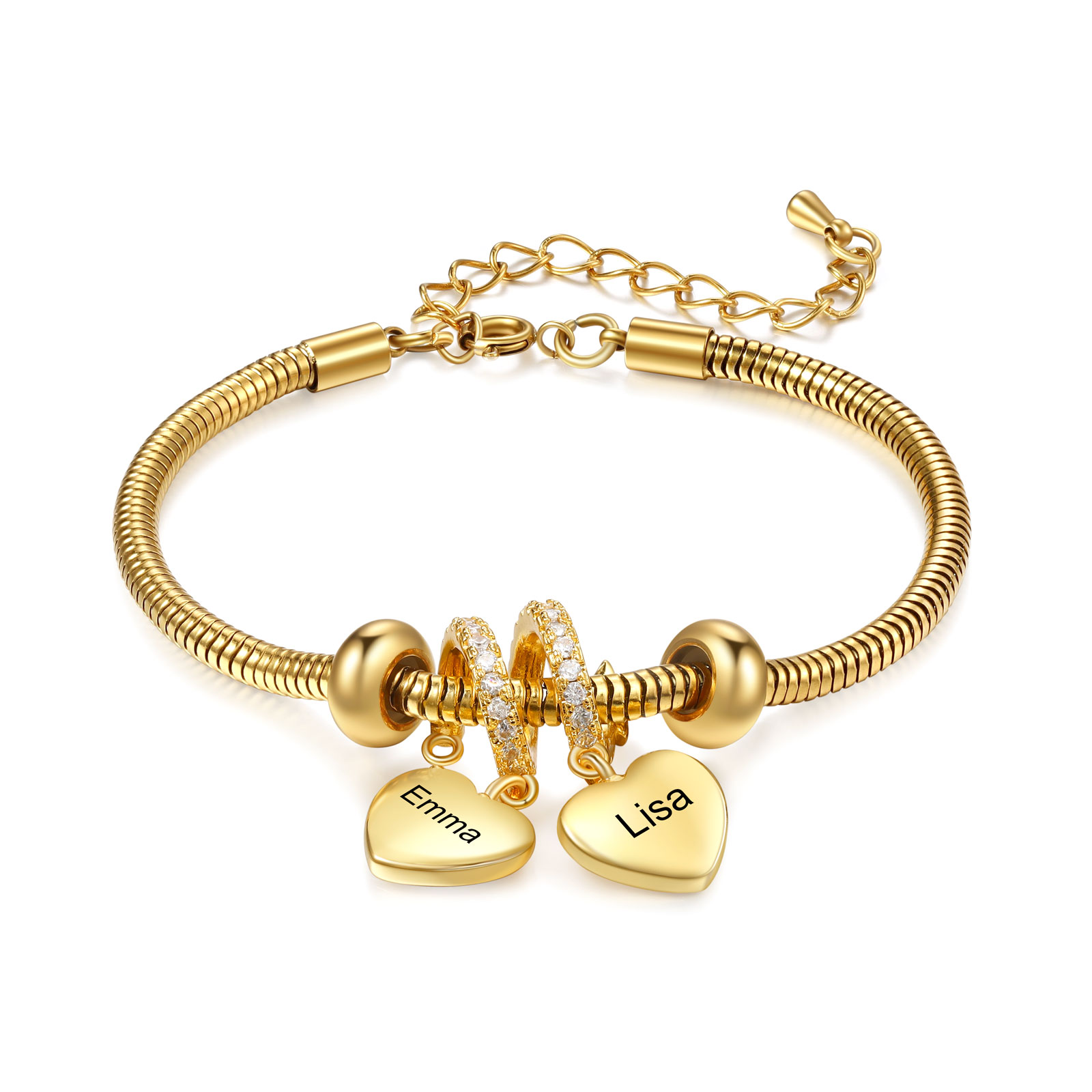 Personalised Gold-Plated Charm Bracelet – Custom Engraved Heart 2 Names & 2 Birthstones, Stainless Steel Jewellery Gift for Women | Jessemade