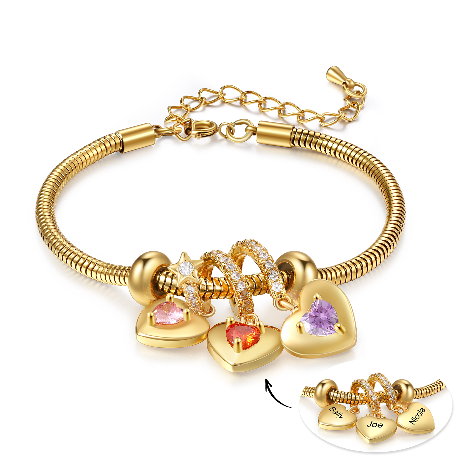 Personalised Gold-Plated Charm Bracelet – Custom Engraved Heart 3 Names & 3 Birthstones, Stainless Steel Jewellery Gift for Women | Jessemade