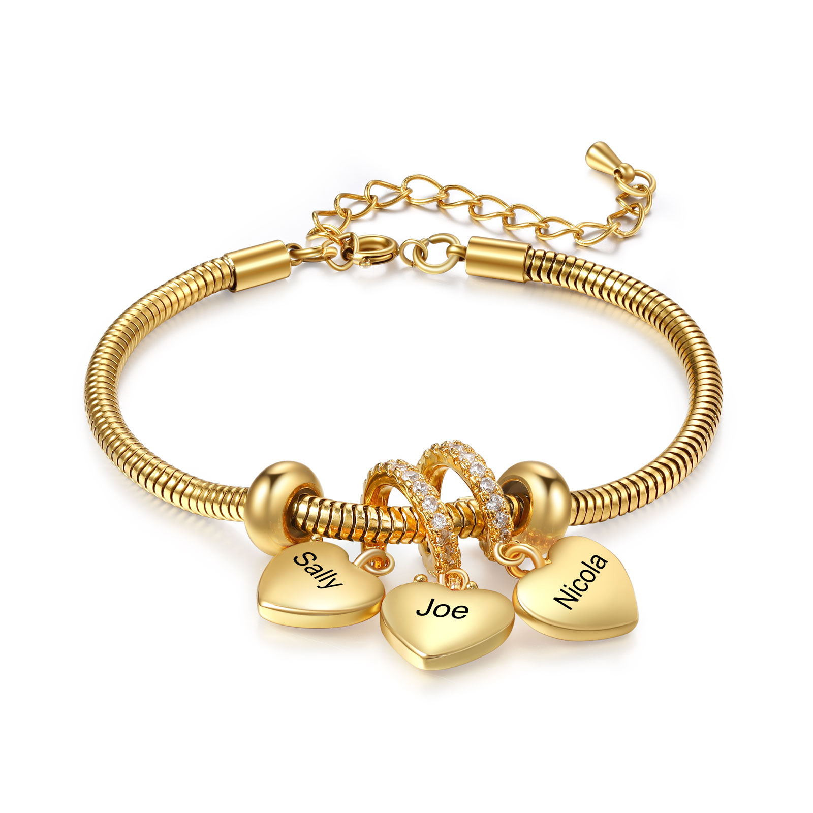 Personalised Gold-Plated Charm Bracelet – Custom Engraved Heart 3 Names & 3 Birthstones, Stainless Steel Jewellery Gift for Women | Jessemade