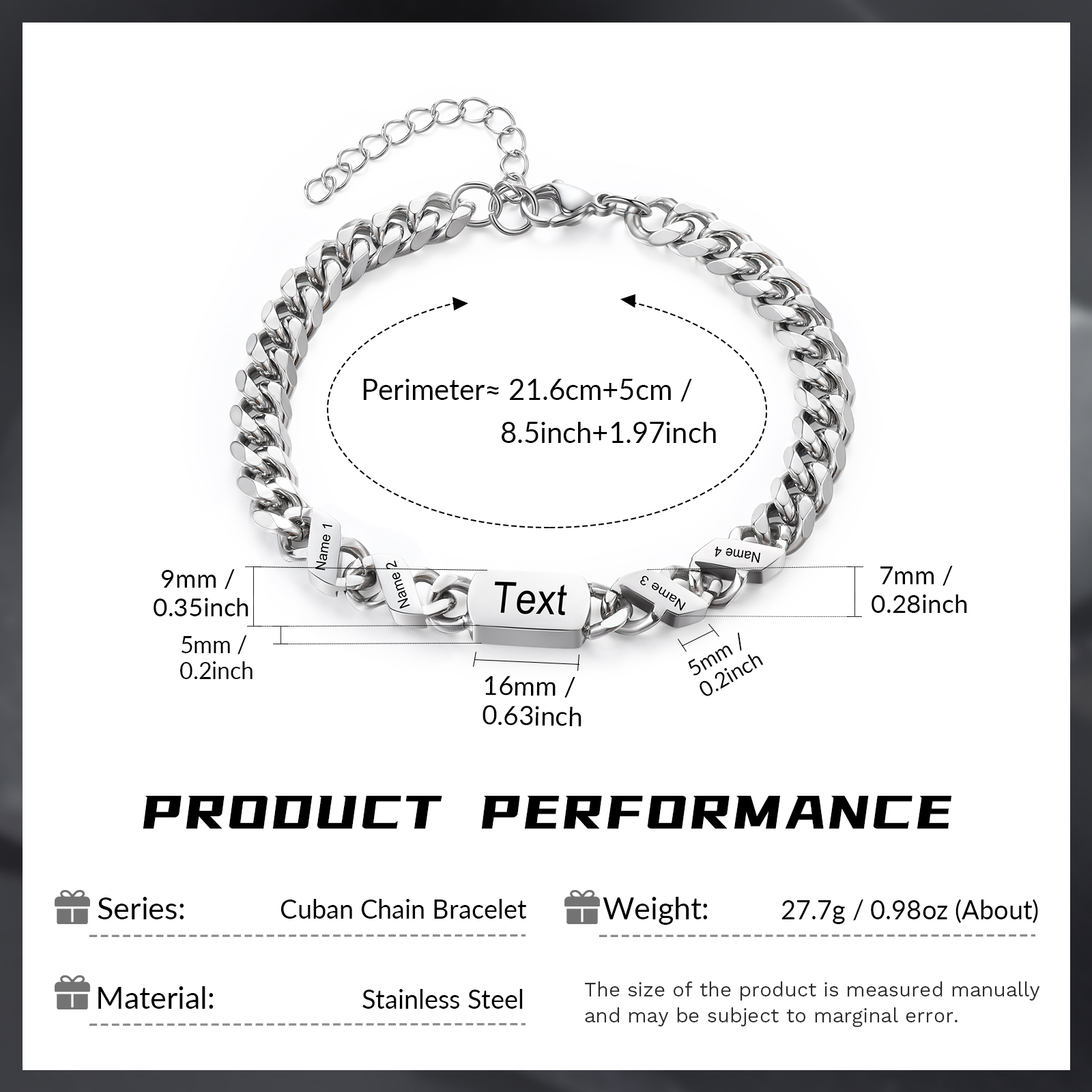 Personalised Cuban Chain Bracelet, Custom Text & 4 Names Engraved Gift for Men | Jessemade