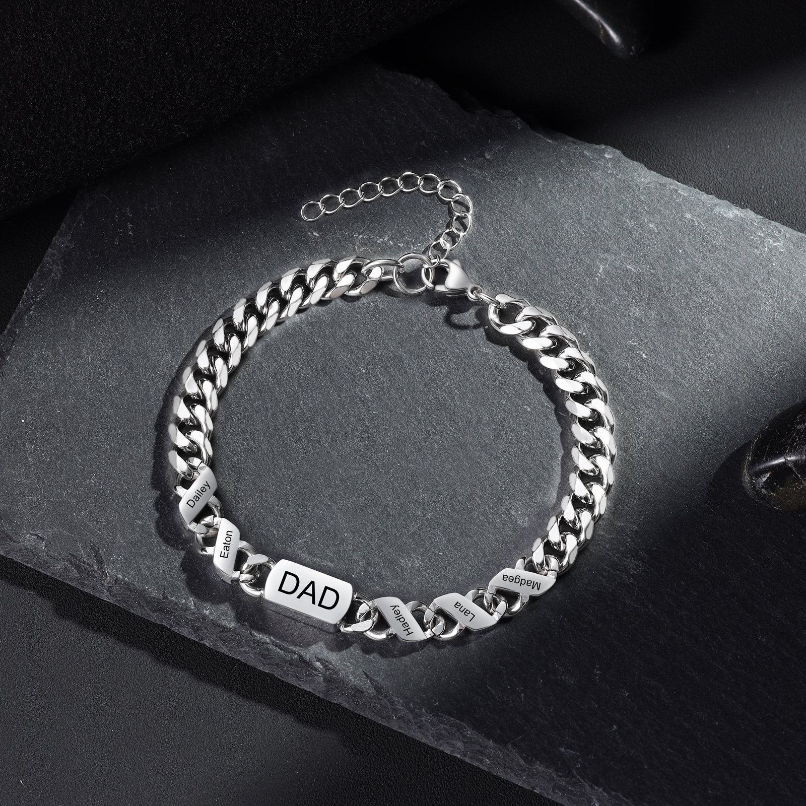 Personalised Cuban Chain Bracelet, Custom Text & 5 Names Engraved Gift for Men | Jessemade