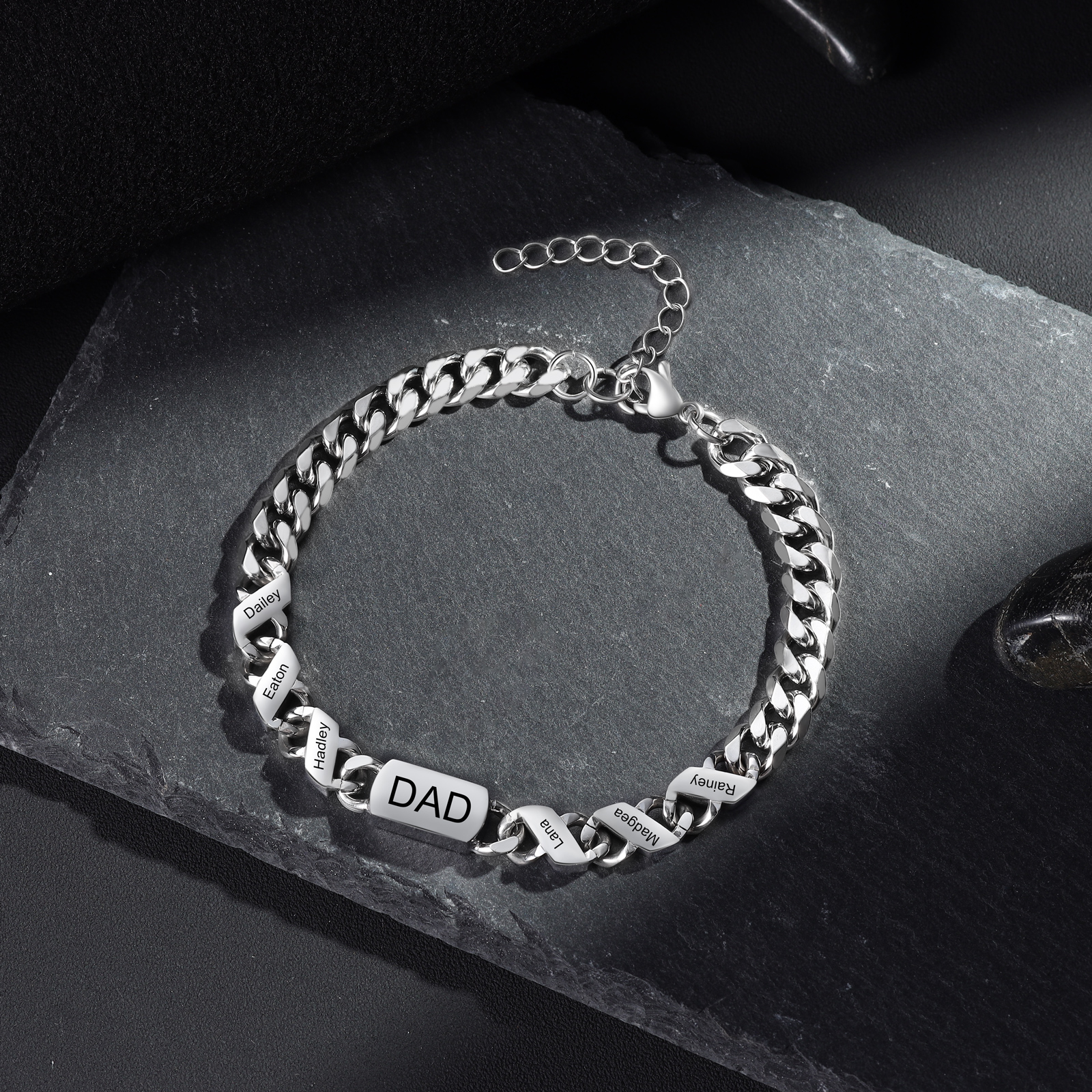 Personalised Cuban Chain Bracelet, Custom Text & 6 Names Engraved Gift for Men | Jessemade