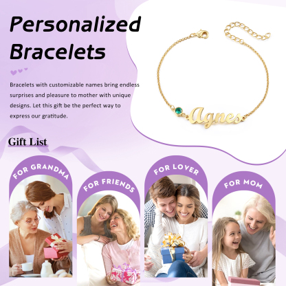 1 Name & 1 Birthstone - Personalised Birthstone Beautiful Gold Colour Bracelet Gift for Her | Jessemade