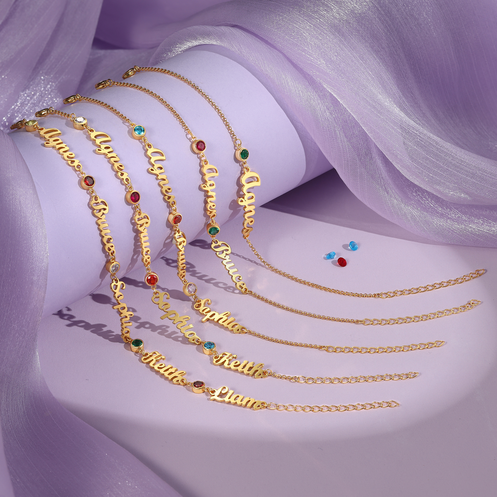 4 Names & 4 Birthstones - Personalised Birthstone Beautiful Gold Colour Bracelet Gift for Her | Jessemade