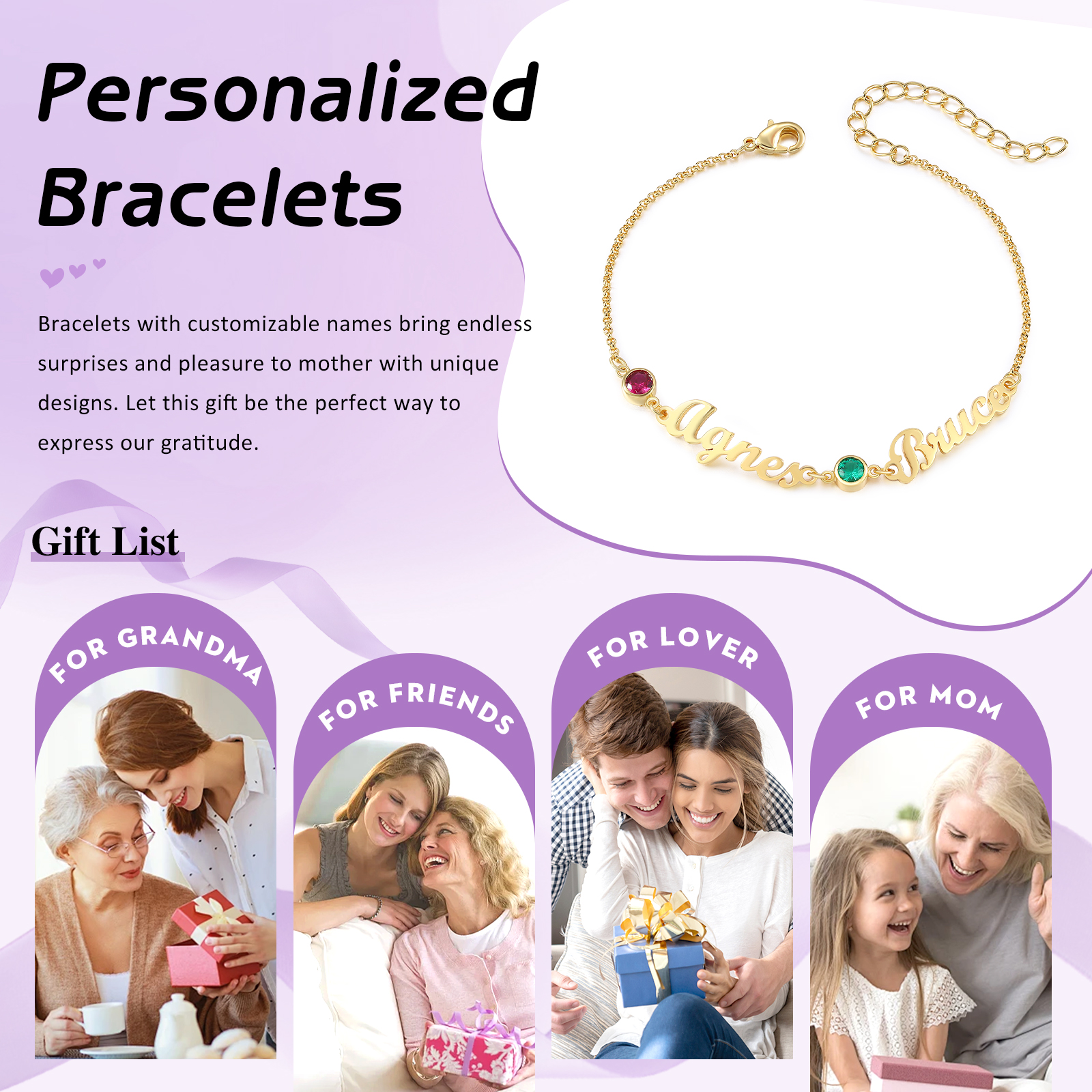 2 Names & 2 Birthstones - Personalised Birthstone Beautiful Gold Colour Bracelet Gift for Her | Jessemade