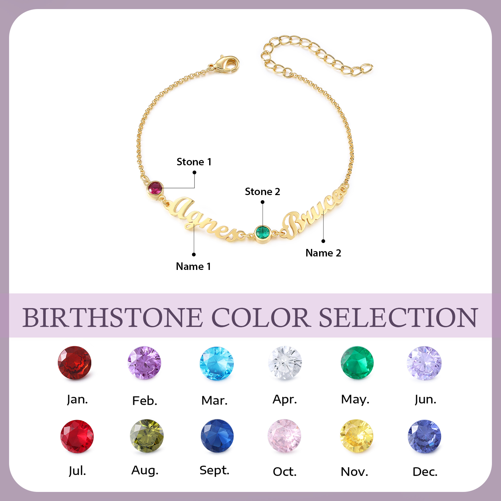 2 Names & 2 Birthstones - Personalised Birthstone Beautiful Gold Colour Bracelet Gift for Her | Jessemade