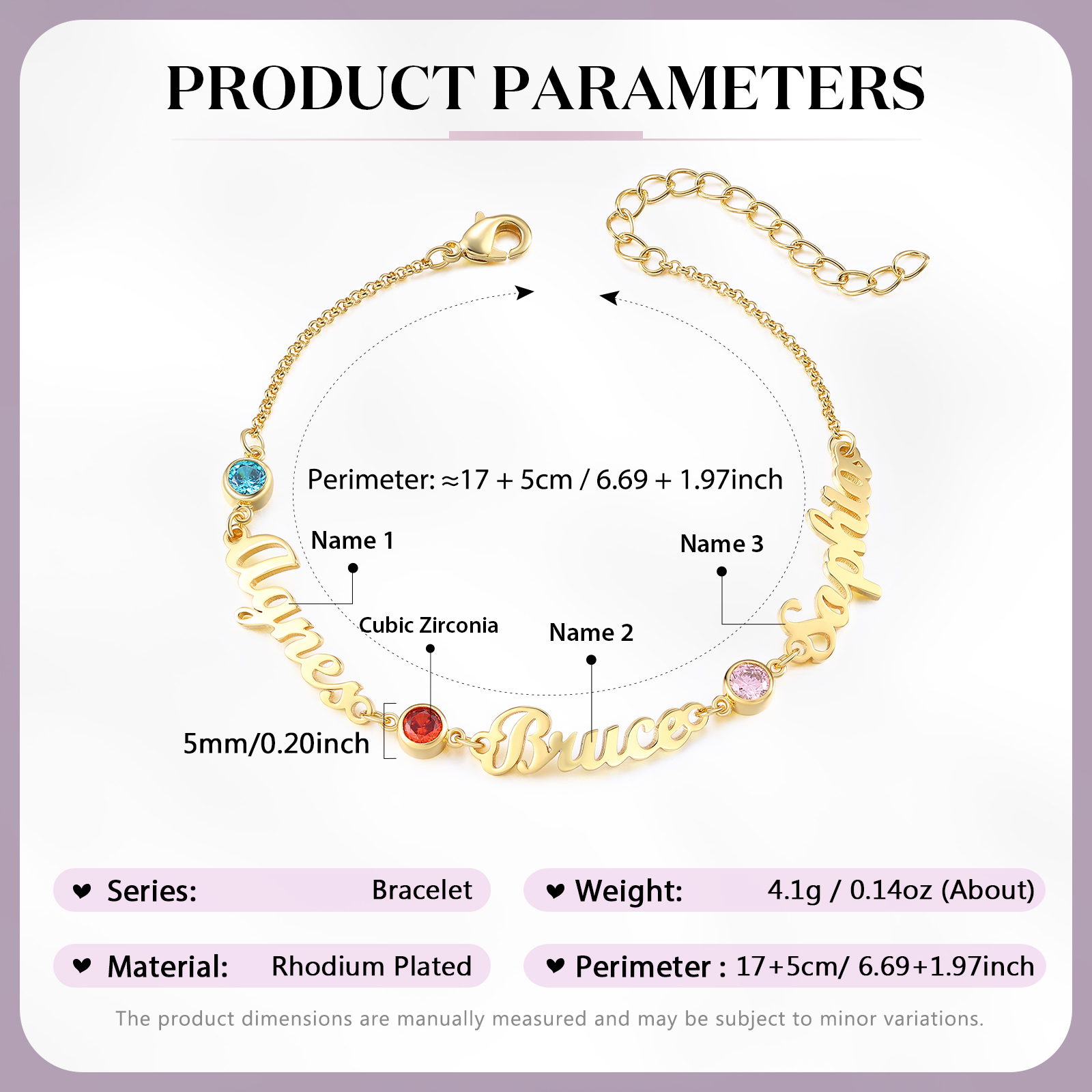 3 Names & 3 Birthstones - Personalised Birthstone Beautiful Gold Colour Bracelet Gift for Her | Jessemade