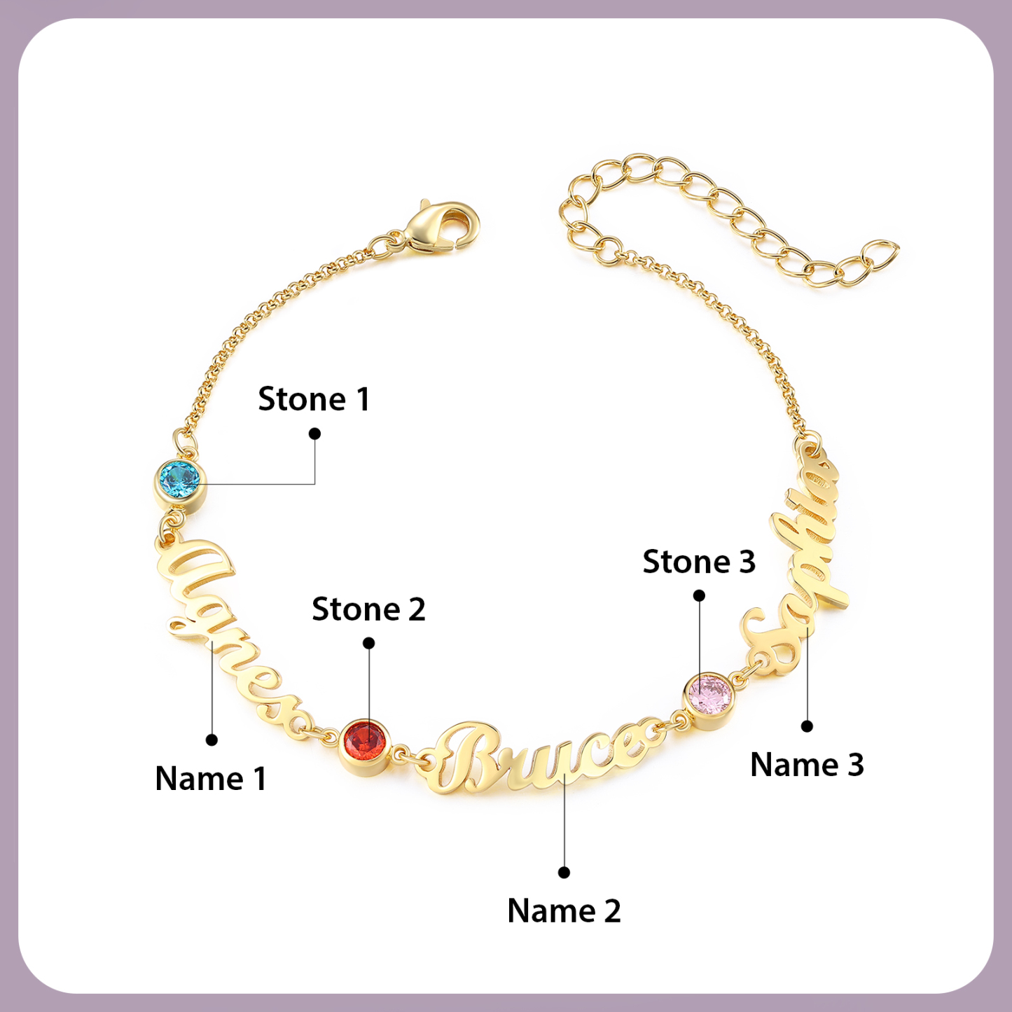 3 Names & 3 Birthstones - Personalised Birthstone Beautiful Gold Colour Bracelet Gift for Her | Jessemade