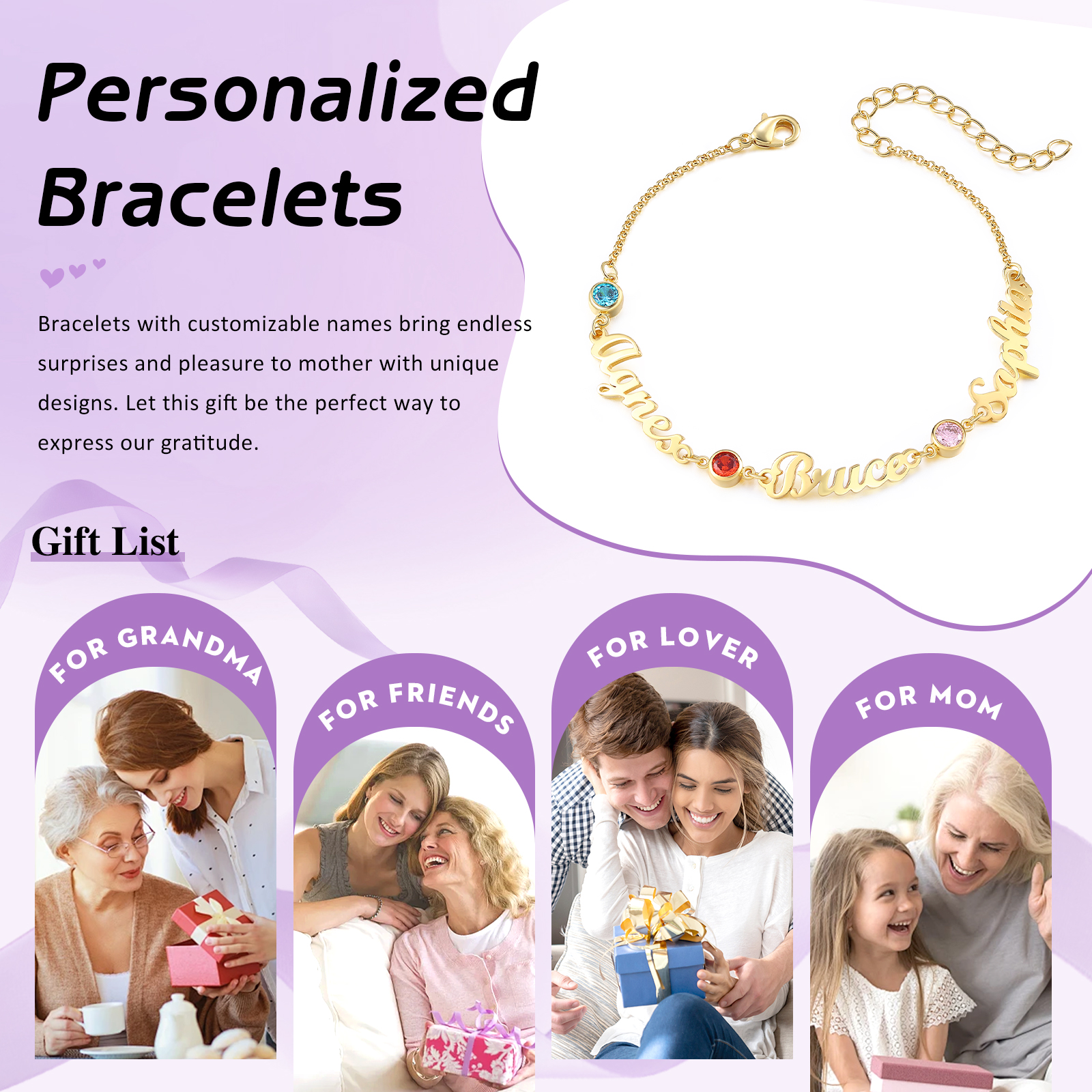 3 Names & 3 Birthstones - Personalised Birthstone Beautiful Gold Colour Bracelet Gift for Her | Jessemade