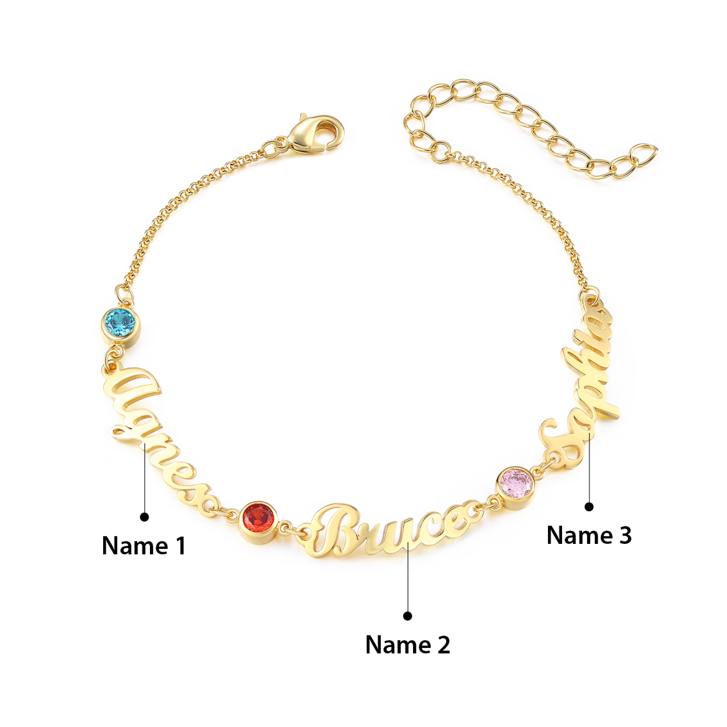 3 Names & 3 Birthstones - Personalised Birthstone Beautiful Gold Colour Bracelet Gift for Her | Jessemade