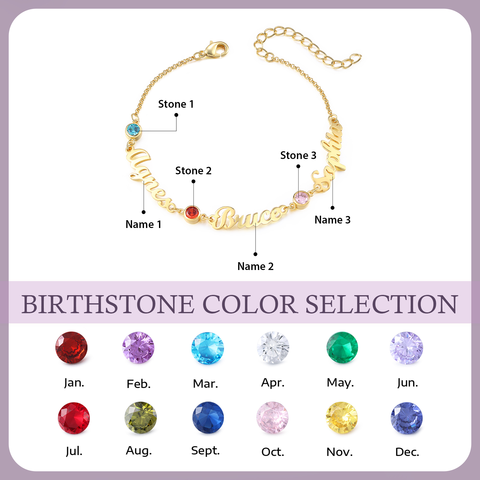 3 Names & 3 Birthstones - Personalised Birthstone Beautiful Gold Colour Bracelet Gift for Her | Jessemade