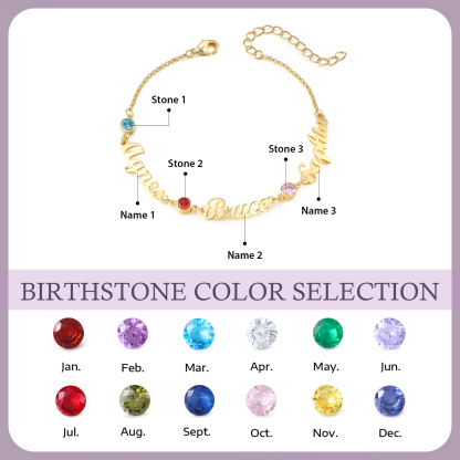 3 Names & 3 Birthstones - Personalised Birthstone Beautiful Gold Colour Bracelet Gift for Her | Jessemade