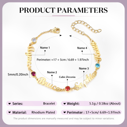 4 Names & 4 Birthstones - Personalised Birthstone Beautiful Gold Colour Bracelet Gift for Her | Jessemade