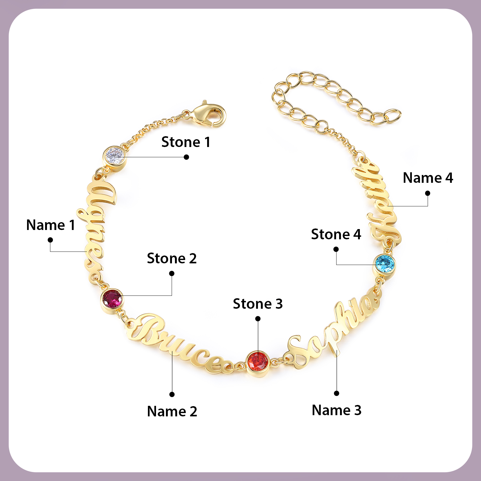 4 Names & 4 Birthstones - Personalised Birthstone Beautiful Gold Colour Bracelet Gift for Her | Jessemade
