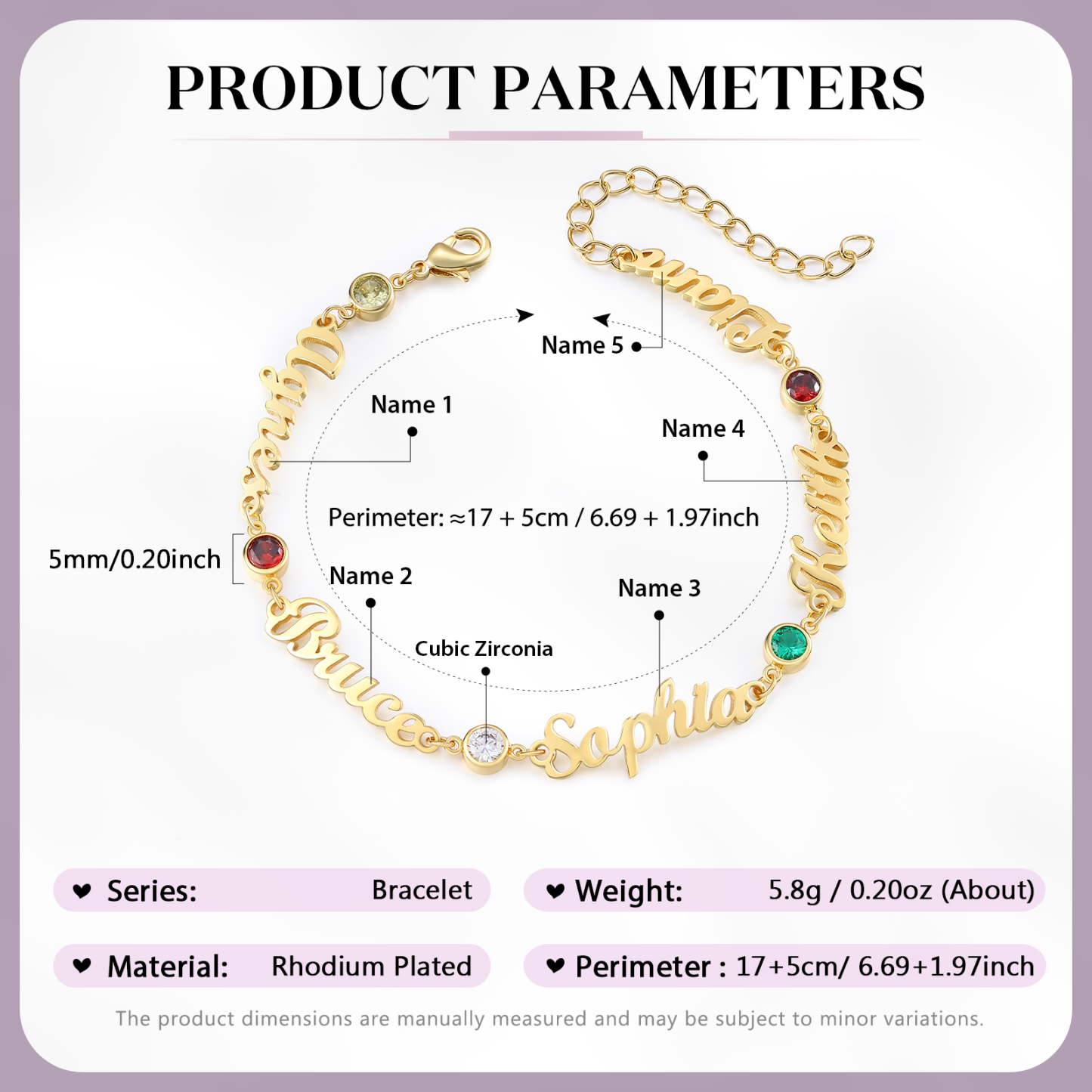5 Names & 5 Birthstones - Personalised Birthstone Beautiful Gold Colour Bracelet Gift for Her | Jessemade