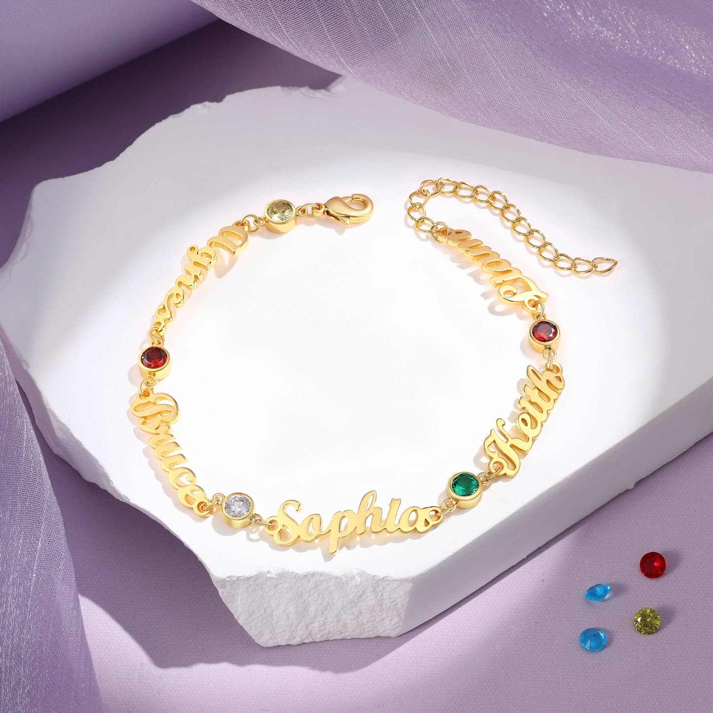 5 Names & 5 Birthstones - Personalised Birthstone Beautiful Gold Colour Bracelet Gift for Her | Jessemade