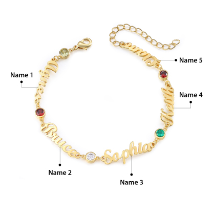 5 Names & 5 Birthstones - Personalised Birthstone Beautiful Gold Colour Bracelet Gift for Her | Jessemade