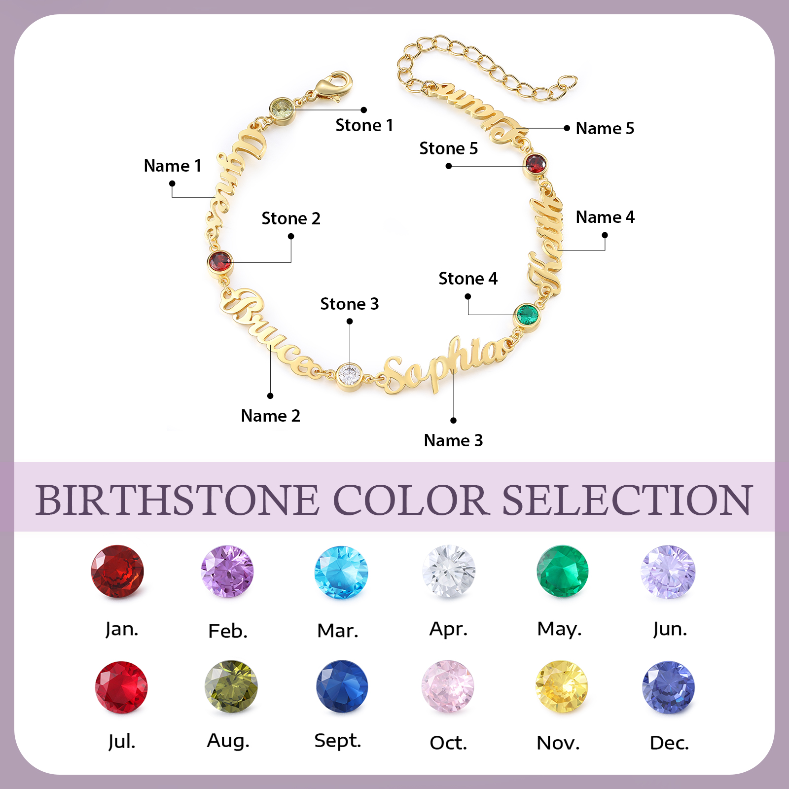 5 Names & 5 Birthstones - Personalised Birthstone Beautiful Gold Colour Bracelet Gift for Her | Jessemade