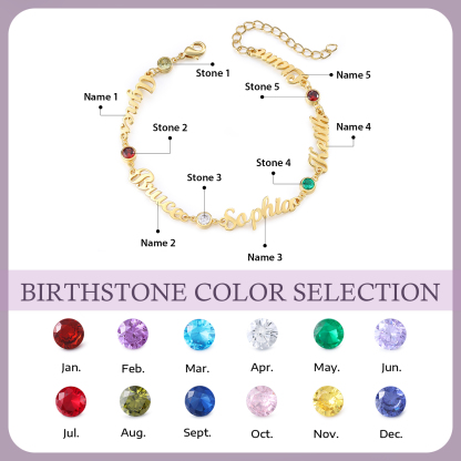 5 Names & 5 Birthstones - Personalised Birthstone Beautiful Gold Colour Bracelet Gift for Her | Jessemade