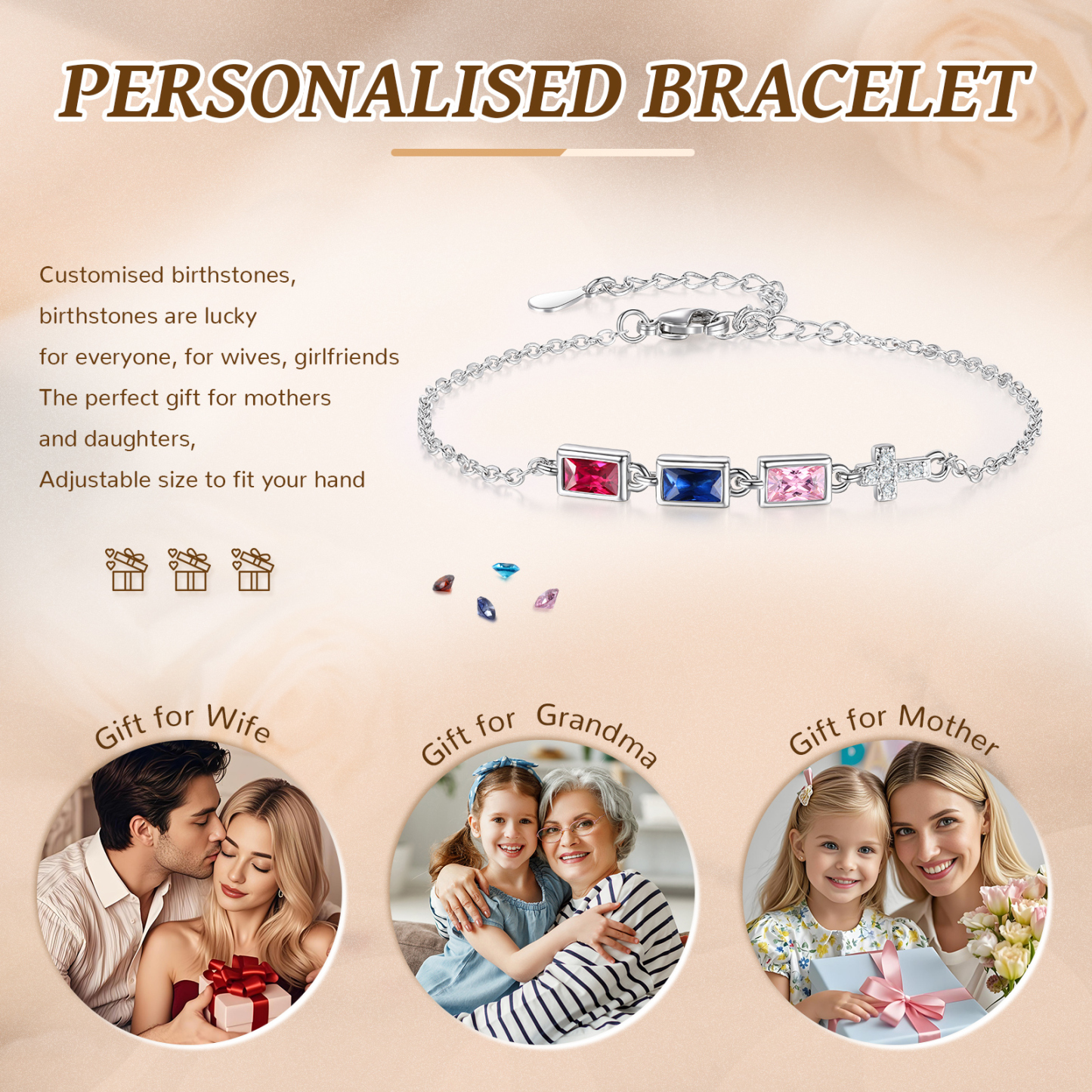 3 Birthstones Personalised Birthstone Bracelet – Meaningful Mother’s Day Gift for Family Members | Jessemade