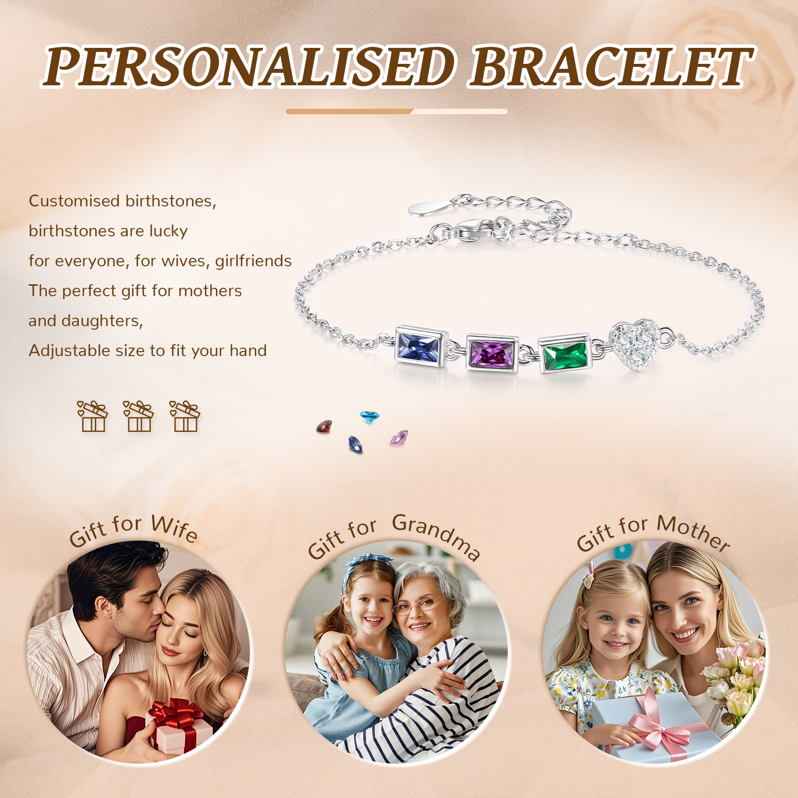 Custom Mother’s Day Birthstone Necklace Bracelet – Adjustable 3 Birthstones Family Gift for Her | Jessemade