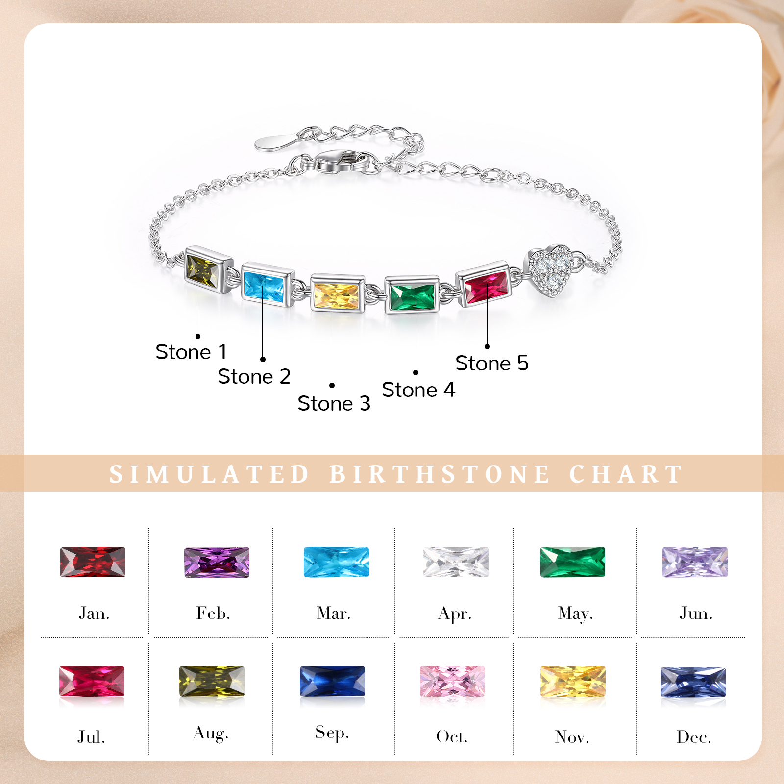 Custom Mother’s Day Birthstone Necklace Bracelet – Adjustable 5 Birthstones Family Gift for Her | Jessemade