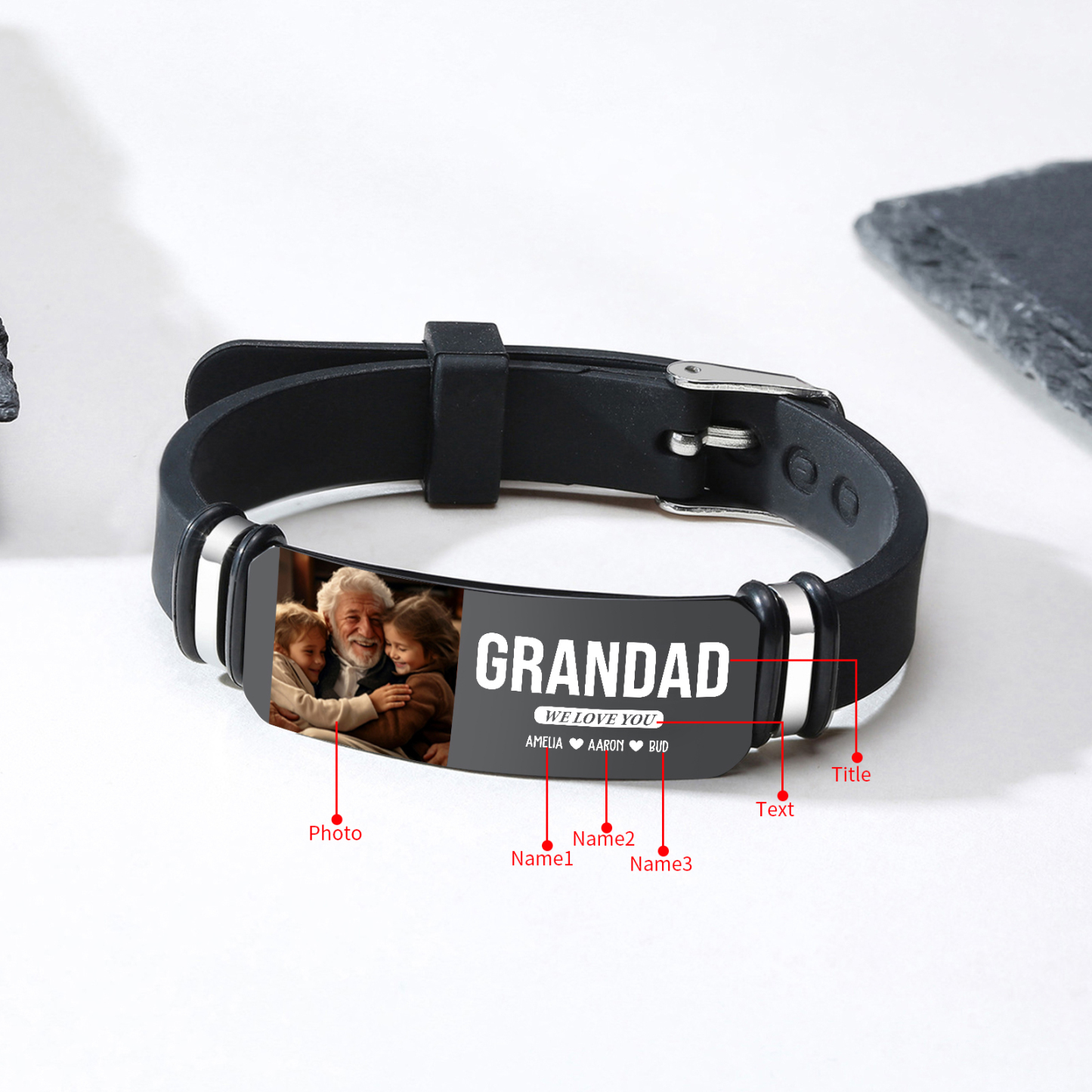 Personalised Wristband Bracelet, Custom 1-6 Names, 3 Texts & Photo Wristband Gift For Him | Jessemade