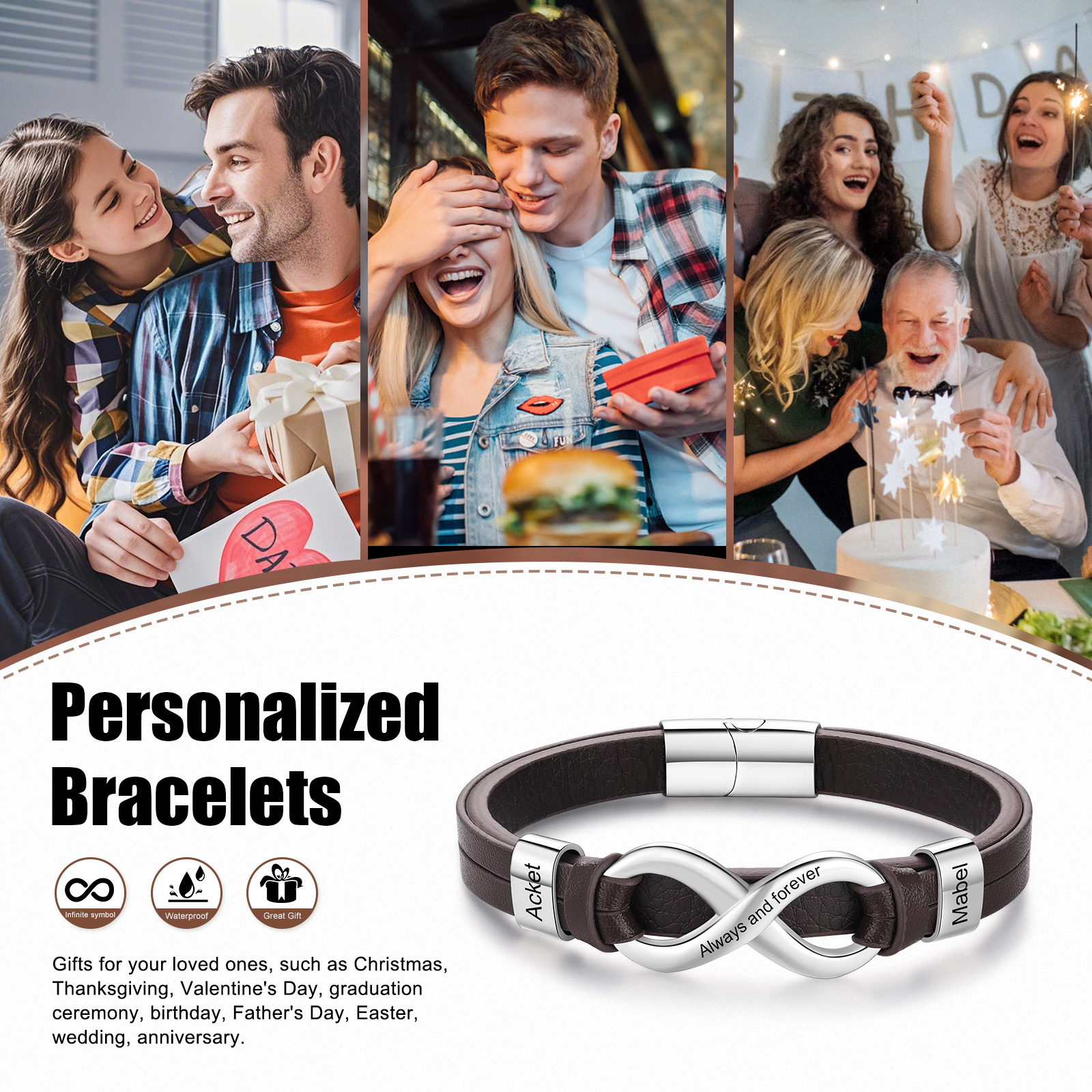 Personalised 2 Names&1 Text Leather Bracelet Custom for Him